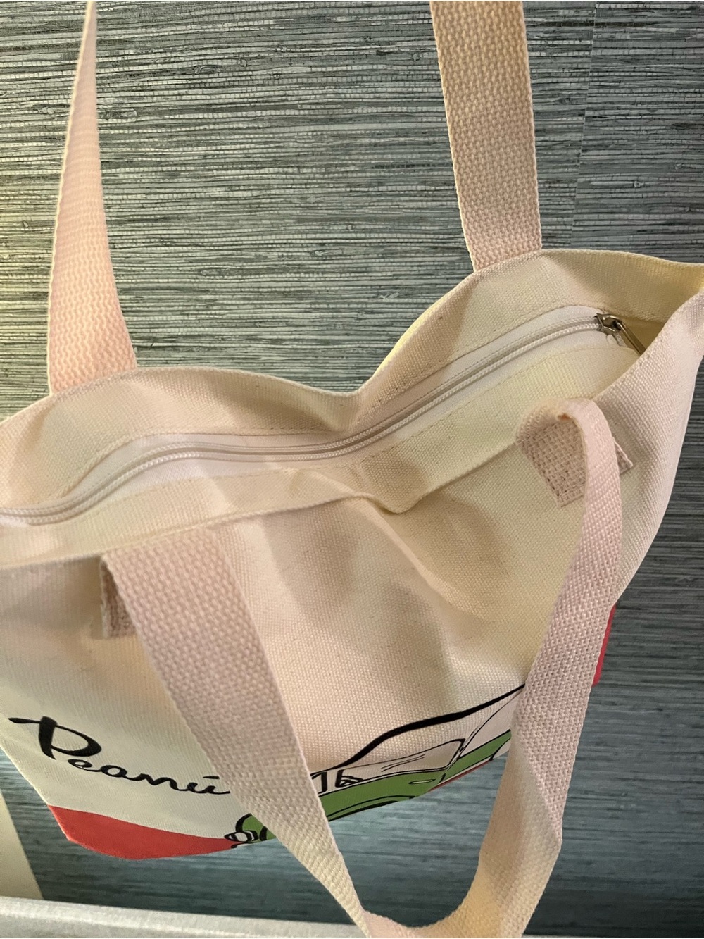 Peanuts Canvas Tote with Pink and Green Car Graphic - Picture 4 of 9